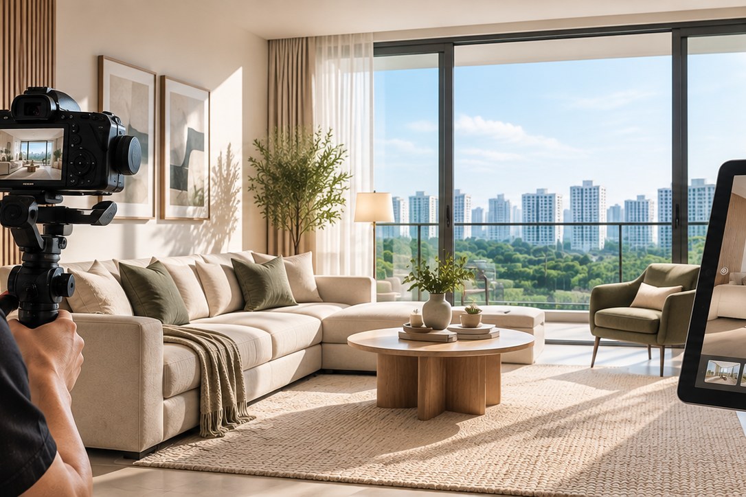 A listing video being filmed in a styled living room