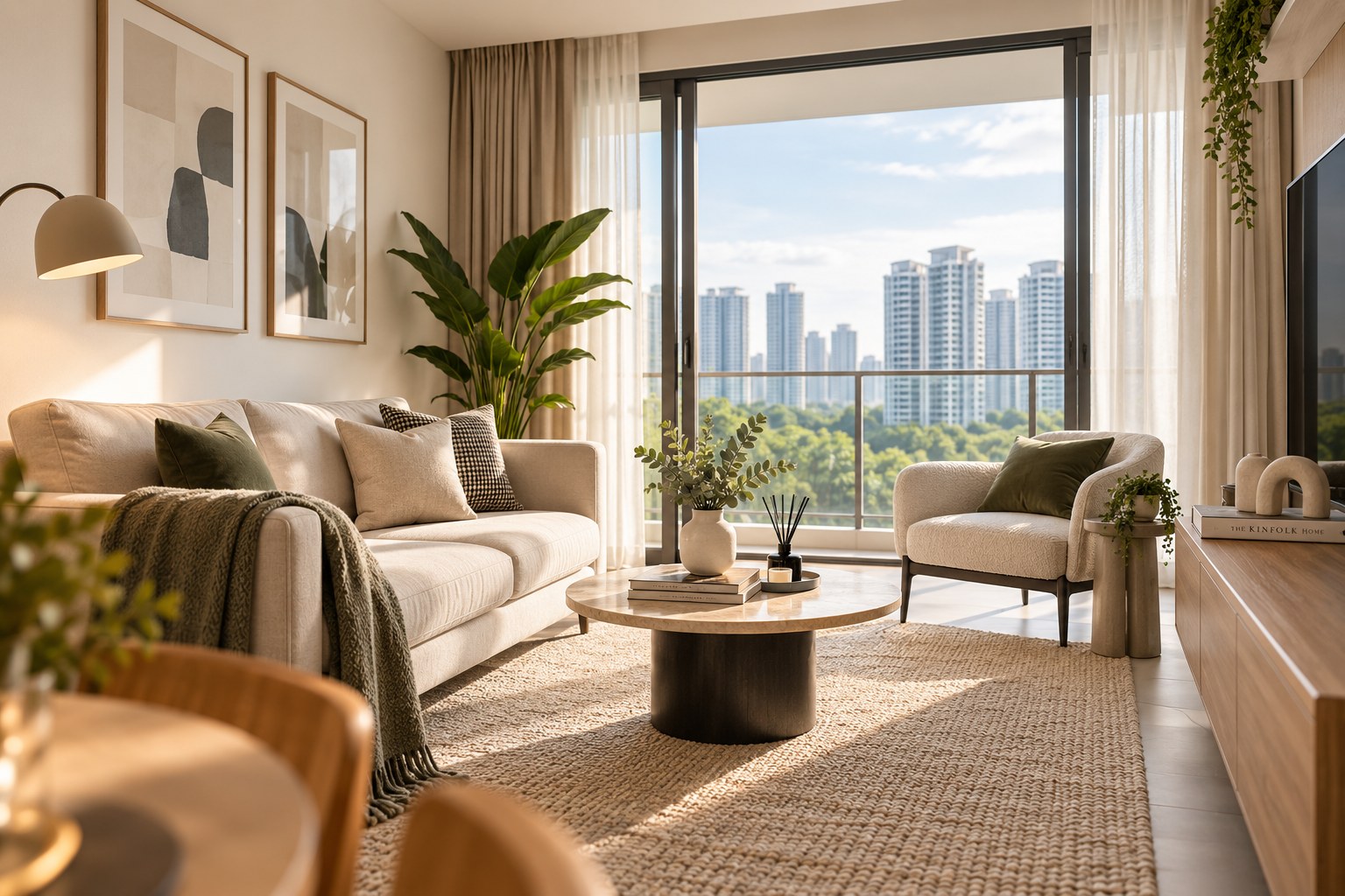 A staged living room with a balcony city view at 163A Rivervale Crescent
